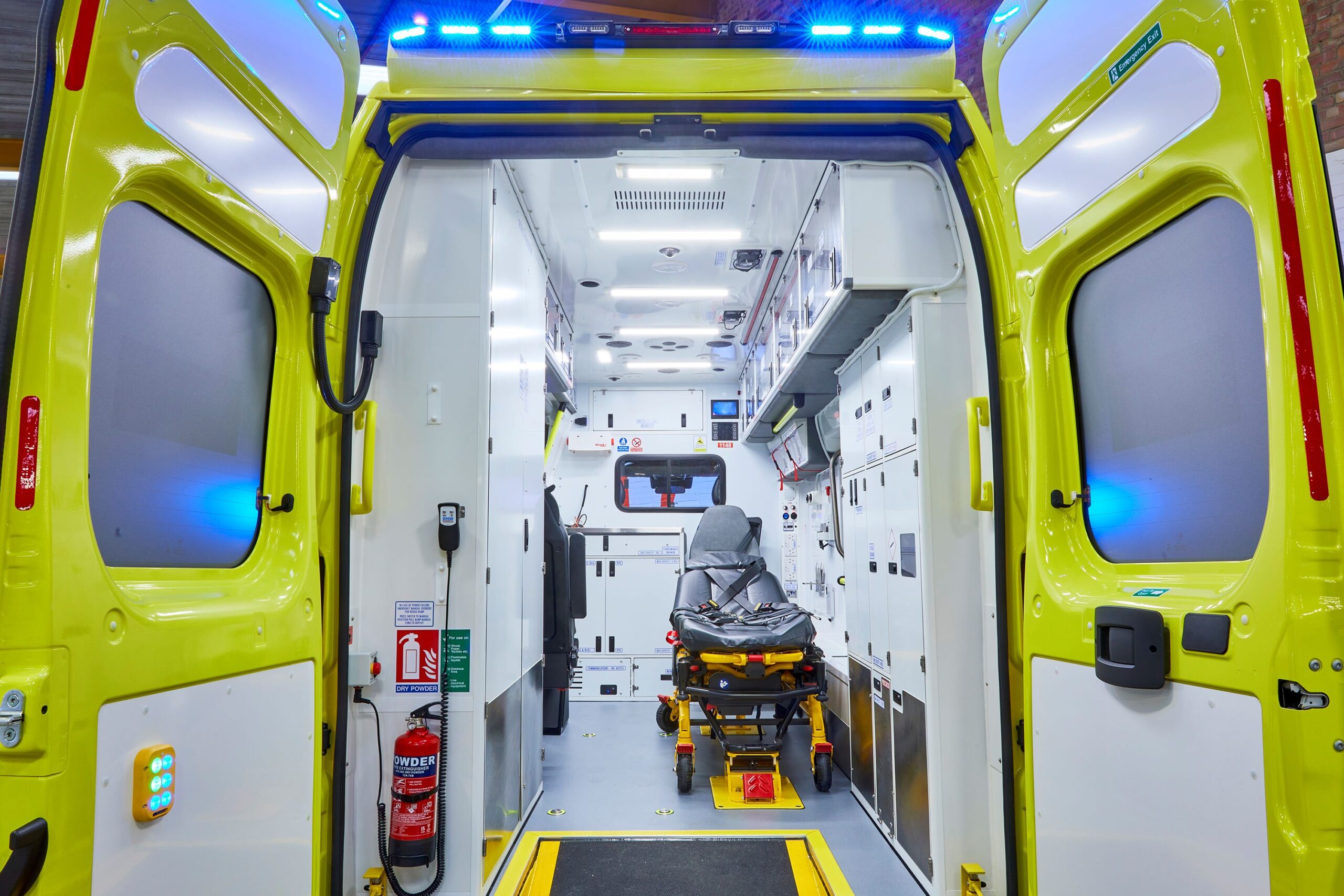 An internal view of the saloon of a double crewed ambulance. Built and certified to GB Whole Vehicle Type Approval.