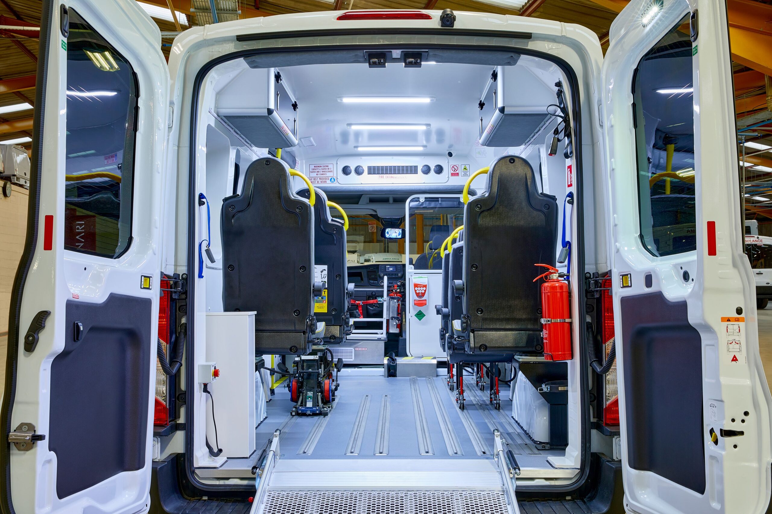 The internal saloon of our Patient Transport Service Vehicle build and Certified to GB Whole Vehicle type Approval (WVTA). 